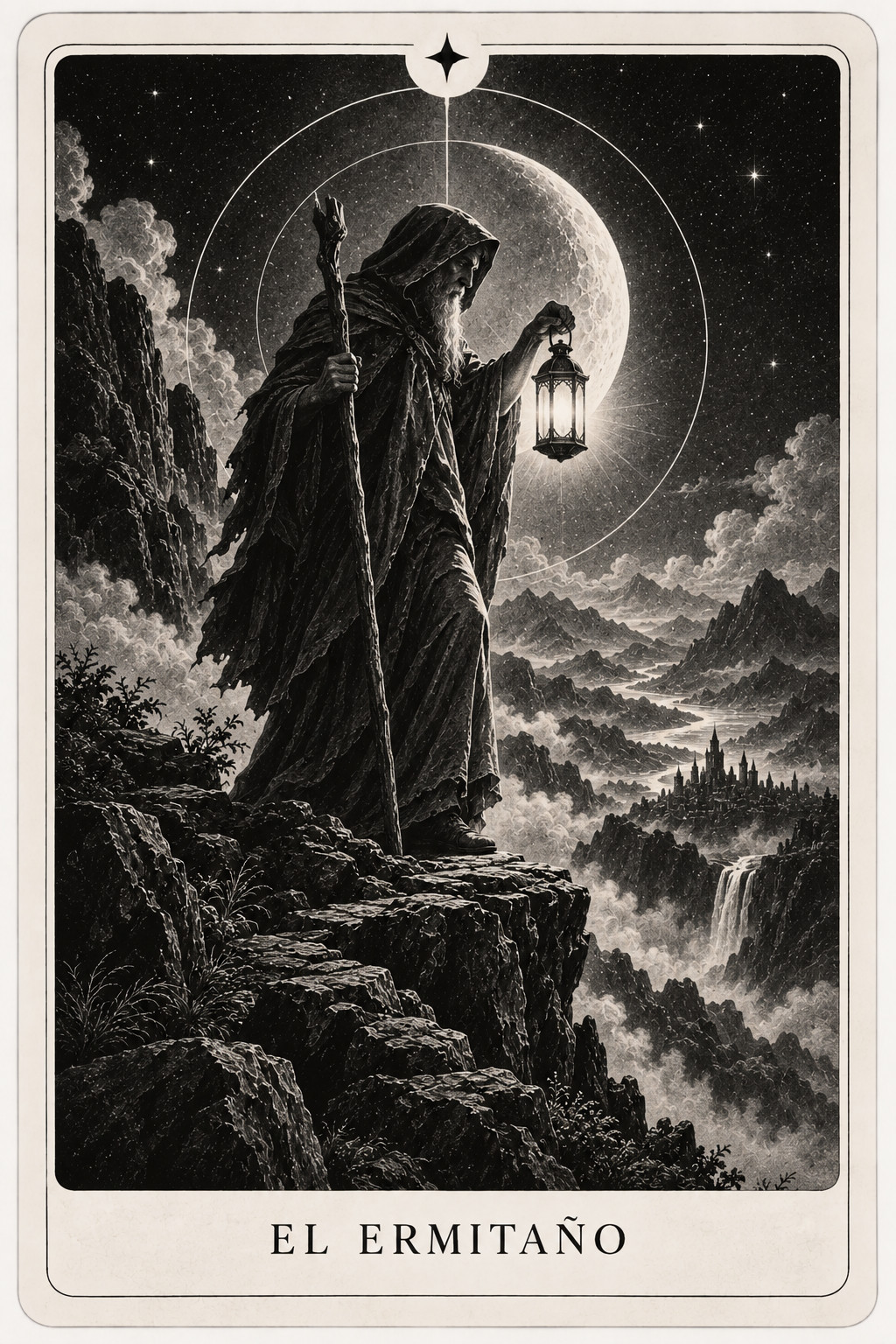 Carta del tarot El Ermitaño — baraja de Véloris