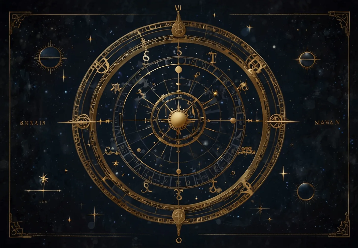 Ilustración minimalista de una carta natal o mapa astral, con las doce casas y símbolos planetarios